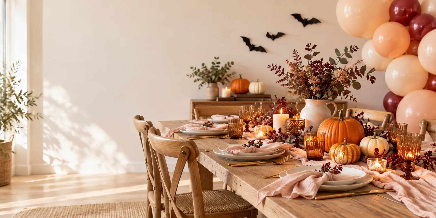 Table d’Halloween avec citrouilles, ballons et décorations dans des tons crème et rose